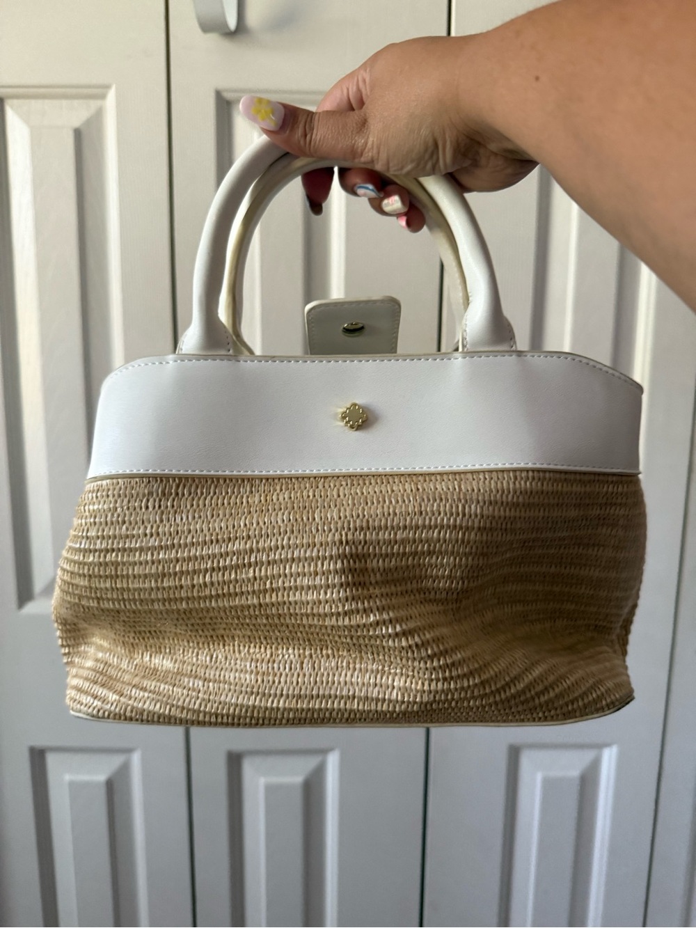 White & Natural Straw Top-Handle Tote - Classic Summer Handbag